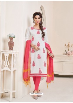 White And Pink Modal Cotton Embroidered Straight Suit