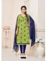 Green And Navy Blue Modal Cotton Embroidered Straight Suit