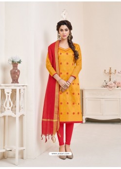 Mustard And Red Modal Cotton Embroidered Straight Suit