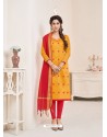 Mustard And Red Modal Cotton Embroidered Straight Suit