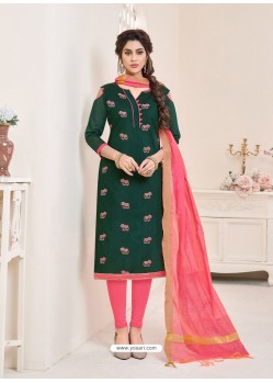 Dark Green And Pink Modal Cotton Embroidered Straight Suit