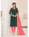 Dark Green And Pink Modal Cotton Embroidered Straight Suit