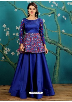 Amazing Royal Blue Embroidered Taffeta Silk Designer Readymade Gown