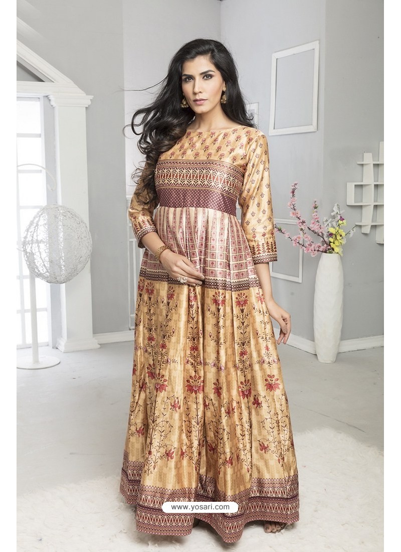 Buy Beige Twill Silk Designer Printed Readymade Gown | Gowns