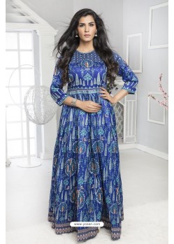 Blue Twill Silk Designer Printed Readymade Gown