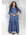 Blue Twill Silk Designer Printed Readymade Gown