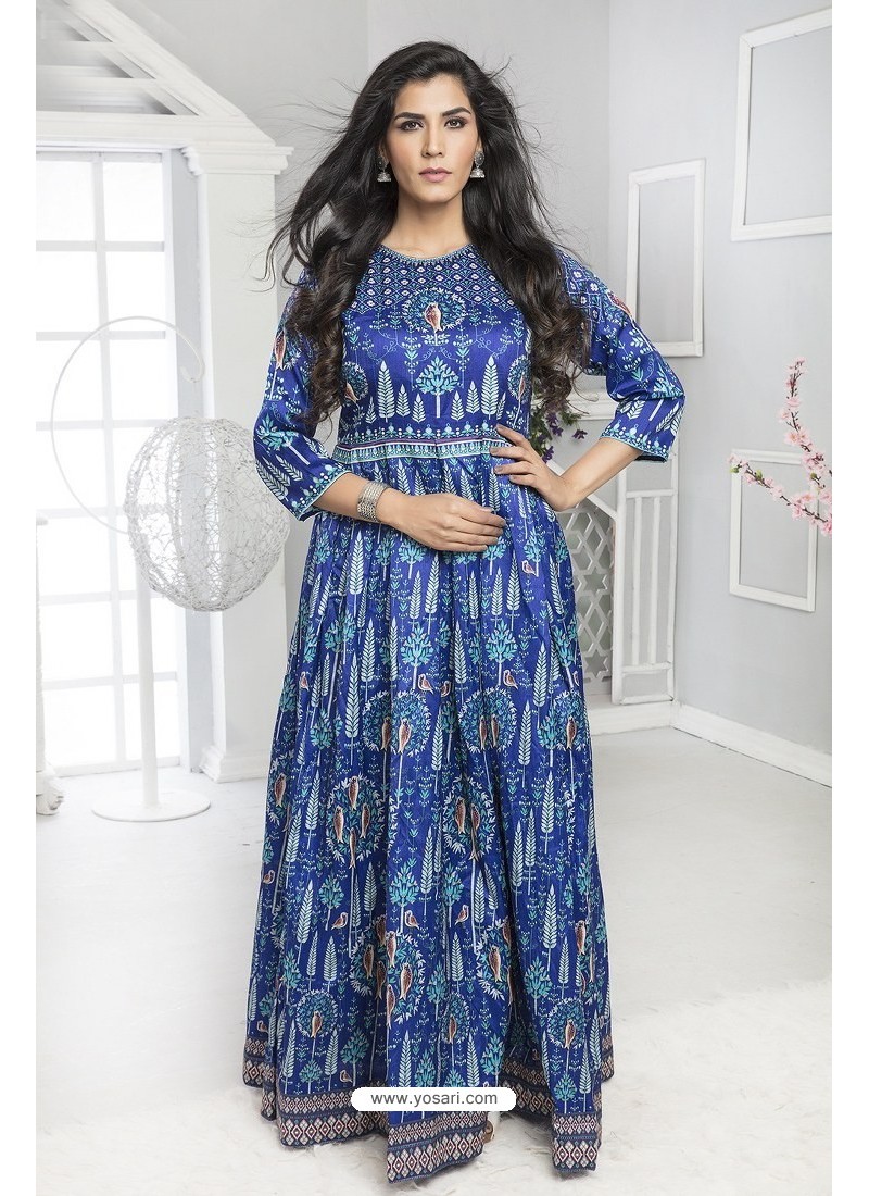 Buy Blue Twill Silk Designer Printed Readymade Gown | Gowns