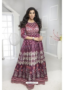 Deep Wine Twill Silk Designer Printed Readymade Gown