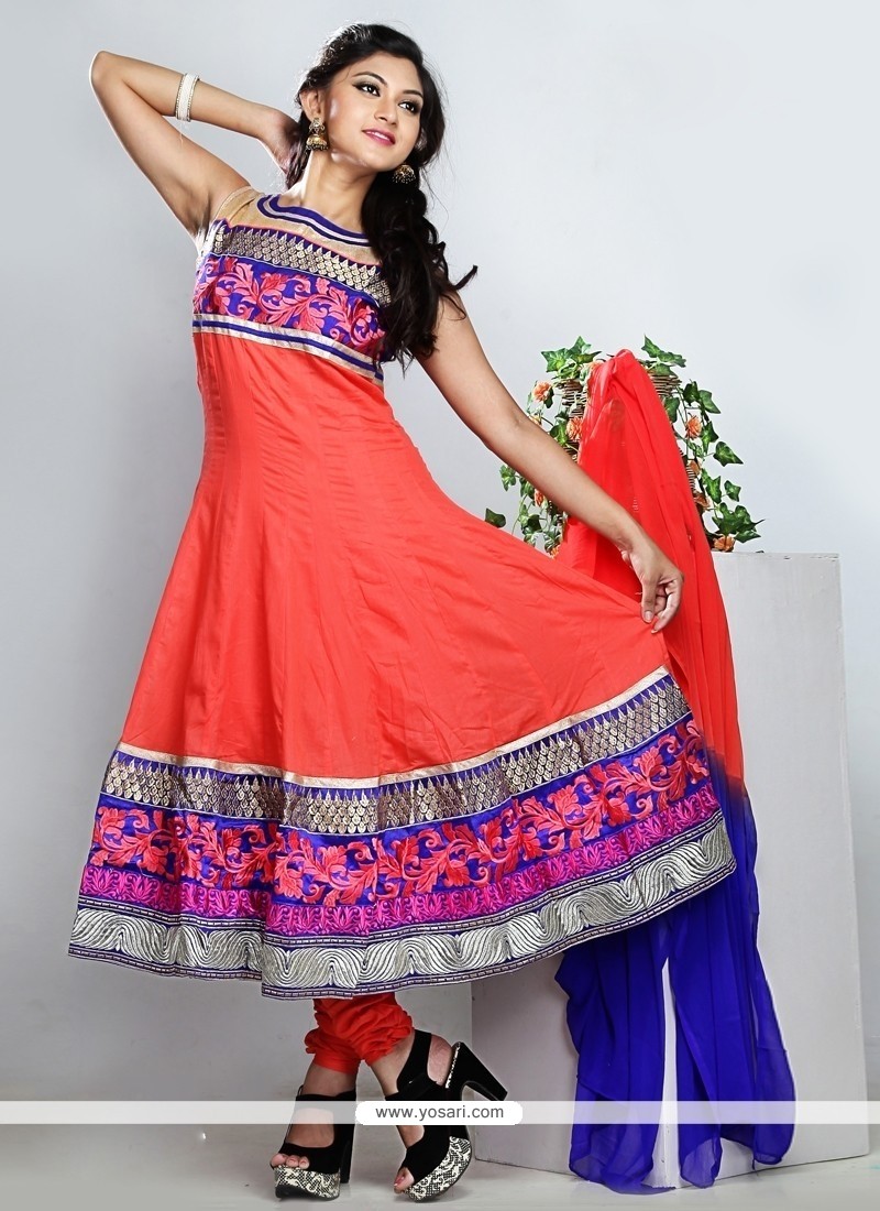 Fab Red And Blue Cotton Anarkali Suit