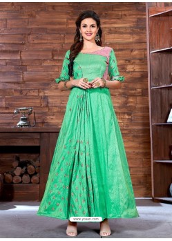 Jade Green Printed Malbari Silk Designer Readymade Gown
