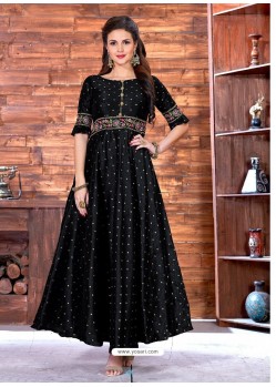 Black Malbari Silk Printed And Embroidered Designer Readymade Gown
