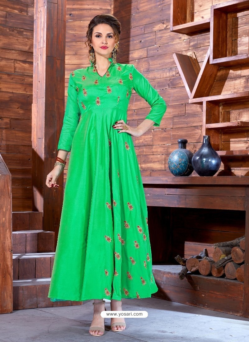 Buy Green Malbari Silk Designer Embroidered Readymade Gown | Gowns