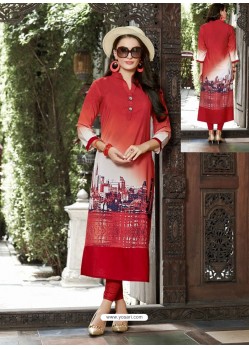 Red Printed Linen Readymade Kurtis