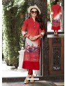 Red Printed Linen Readymade Kurtis