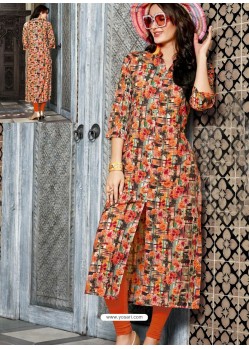 Orange And Multi Colour Printed Linen Readymade Kurtis