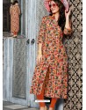 Orange And Multi Colour Printed Linen Readymade Kurtis