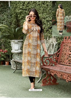 Beige Printed Poly Rayon Readymade Kurtis