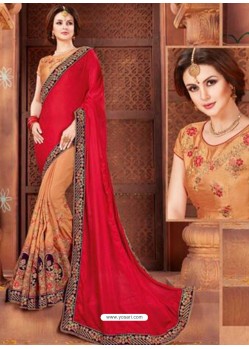 Red And Rust Georgette Embroidered Half N Half Designer Saree