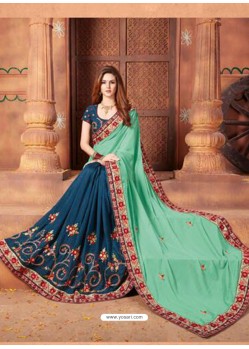 Sea Green And Tealblue Georgette Embroidered Half N Half Designer Saree