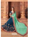 Sea Green And Tealblue Georgette Embroidered Half N Half Designer Saree