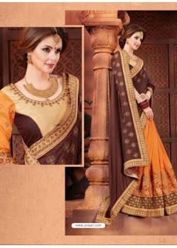 Coffee And Orange Georgette Embroidered Half N Half Designer Saree