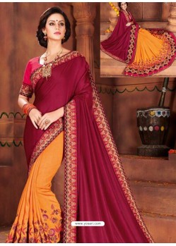 Deep Wine And Orange Georgette Embroidered Half N Half Designer Saree