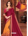 Deep Wine And Orange Georgette Embroidered Half N Half Designer Saree