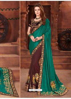 Teal And Coffee Georgette Embroidered Half N Half Designer Saree