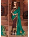 Teal And Coffee Georgette Embroidered Half N Half Designer Saree