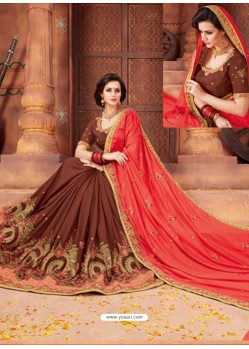 Dark Peach And Coffee Georgette Embroidered Half N Half Designer Saree