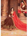 Dark Peach And Coffee Georgette Embroidered Half N Half Designer Saree