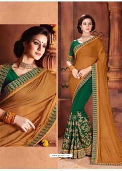 Brown And Dark Green Georgette Embroidered Half N Half Designer Saree