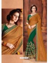 Brown And Dark Green Georgette Embroidered Half N Half Designer Saree