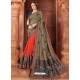 Mehendi And Dark Peach Georgette Embroidered Half N Half Designer Saree