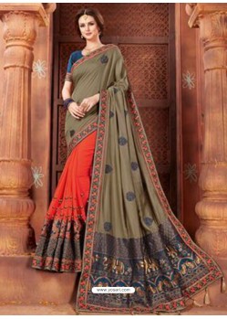 Mehendi And Dark Peach Georgette Embroidered Half N Half Designer Saree