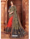 Mehendi And Dark Peach Georgette Embroidered Half N Half Designer Saree