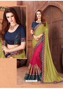 Green And Fuchsia Georgette Embroidered Half N Half Designer Saree