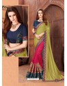 Green And Fuchsia Georgette Embroidered Half N Half Designer Saree