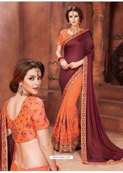 Deep Scarlet And Orange Georgette Embroidered Half N Half Designer Saree