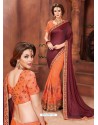 Deep Scarlet And Orange Georgette Embroidered Half N Half Designer Saree