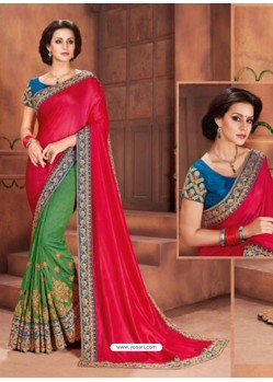 Crimson And Green Georgette Embroidered Half N Half Designer Saree