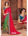 Crimson And Green Georgette Embroidered Half N Half Designer Saree