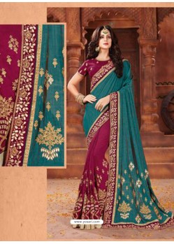 Tealblue And Deep Wine Georgette Embroidered Half N Half Designer Saree