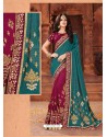 Tealblue And Deep Wine Georgette Embroidered Half N Half Designer Saree