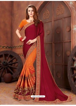 Maroon And Orange Georgette Embroidered Half N Half Designer Saree