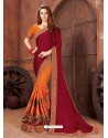 Maroon And Orange Georgette Embroidered Half N Half Designer Saree