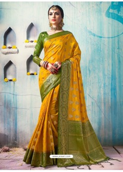 Mustard Silk Border Worked Designer Party Wear Saree