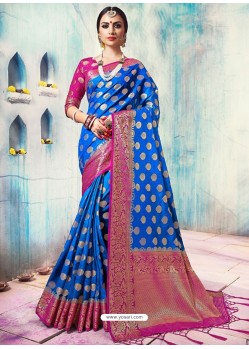 Blue Silk Border Worked Designer Party Wear Saree