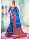 Blue Silk Border Worked Designer Party Wear Saree