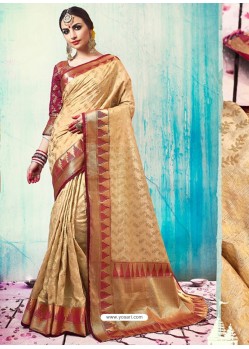 Beige Silk Border Worked Designer Party Wear Saree